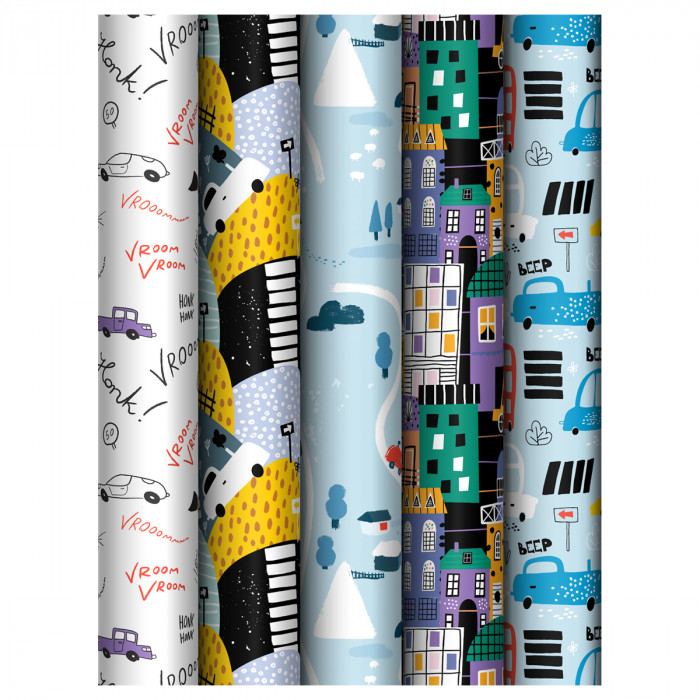 Упаковочная бумага глянц. 70*100см, MESHU "Cars", 80 г/м2, ассорти, 5 дизайнов MS_62806