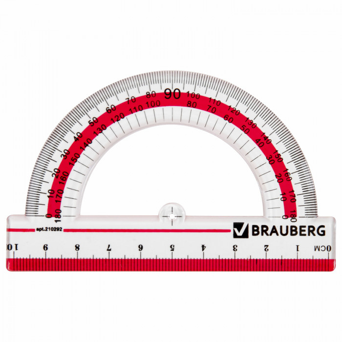 Транспортир BRAUBERG "Сrystal", 10см,180 градусов, прозрачный с выдел. шкалой, европодвес, 210292