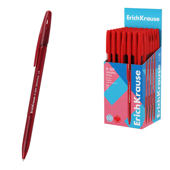 Ручка шариковая ErichKrause R-301 Stick Original 1.0, цвет чернил красный (в коробке по 50 шт.)