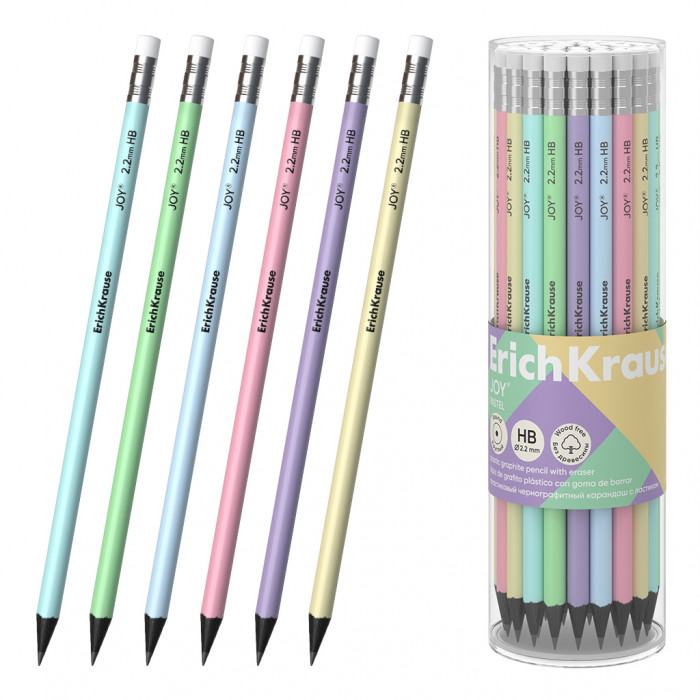 Чернографитный карандаш пластиковый ErichKrause JOY® Pastel, круглый, с ластиком, HB (в тубусе по 42