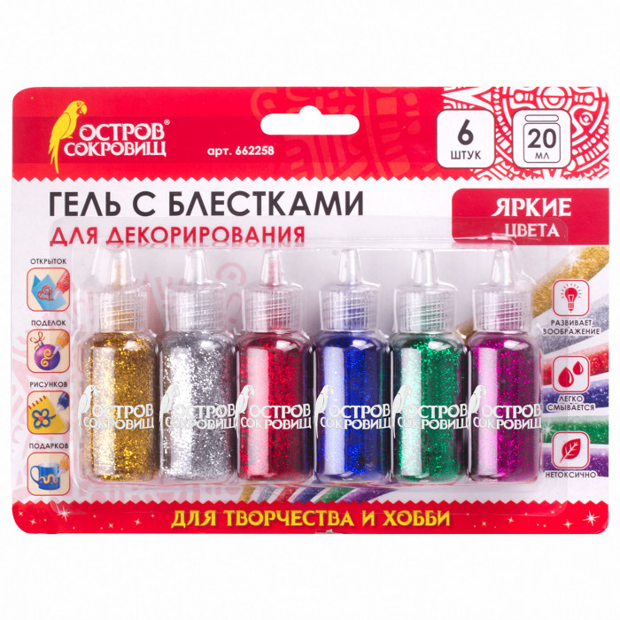 Гель с блестками ОСТРОВ СОКРОВИЩ, для декора, поделок, DIY,
творчества, оформления, 6 ярких цветов п