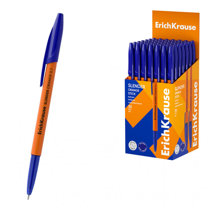 Ручка шариковая ErichKrause Slender Stick Orange 0.7, Super Glide Technology, цвет чернил синий (в к