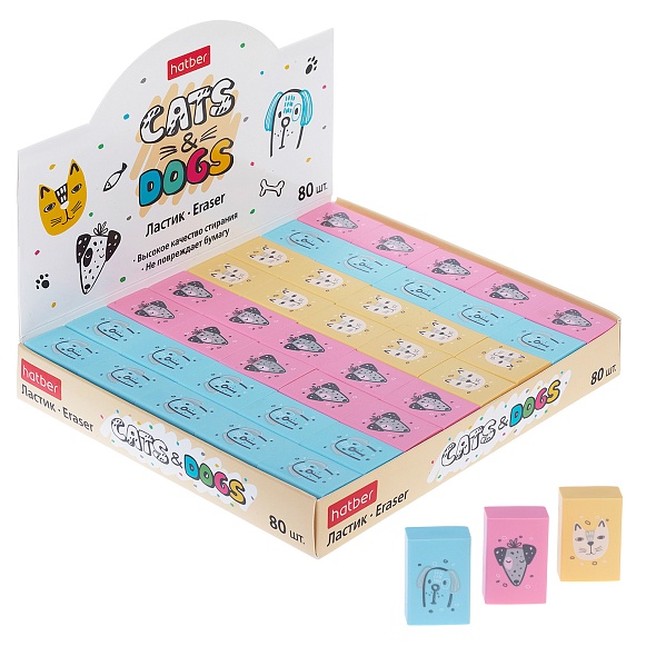ER_090956 Ластик из термопластичной резины Hatber Cats&Dogs 28х18х9 мм 80 шт в картонной Дисплей-вит