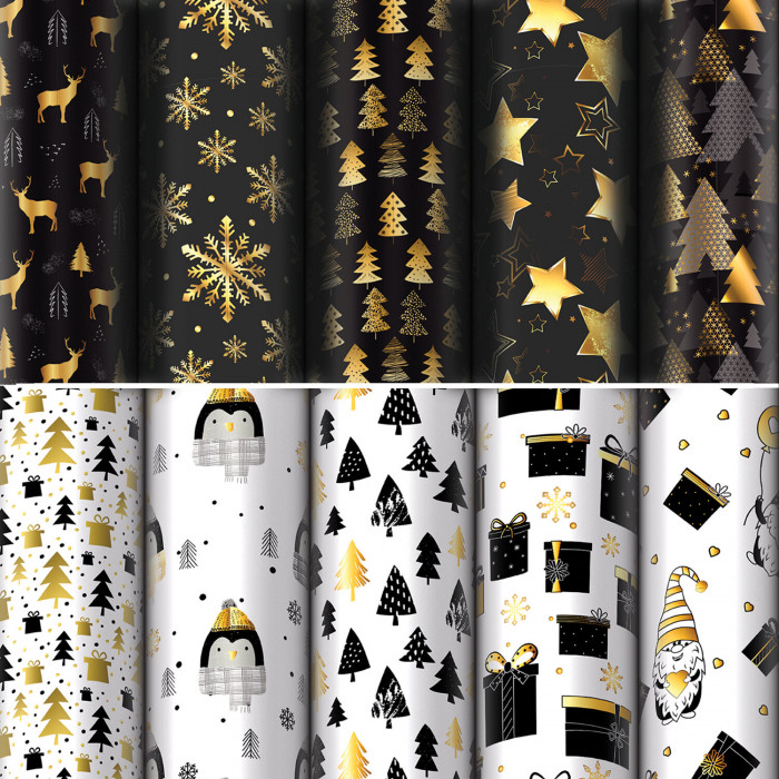 Бумага упаковочная новогодняя "Black.Gold.White" 70*100см, 10 дизайнов ассорти ЗОЛОТАЯ СКАЗКА, 59205