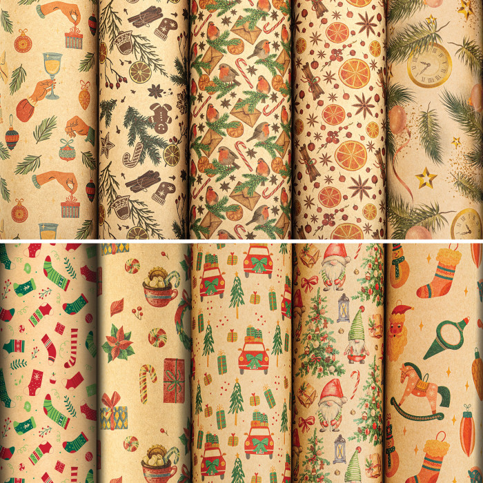 Бумага упаковочная новогодняя "Christmas Kraft" 70*100см, 10 дизайнов ассорти, ЗОЛОТАЯ СКАЗКА, 59205