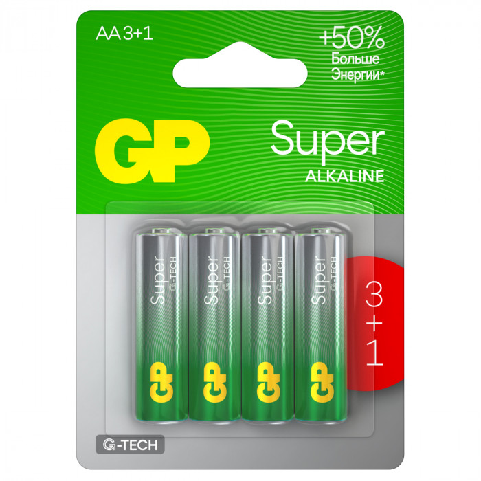 Батарейка GP Super G-Tech AA (LR6) 15A алкалиновая, BC4 (промо 3+1) GP 15AA213/1-2CRSBC4