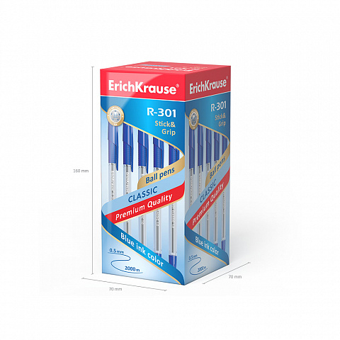 Ручка шариковая ErichKrause R-301 Stick&Grip Classic 1.0, цвет чернил синий (в коробке по 50 шт.)