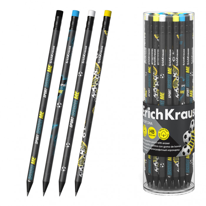 Чернографитный карандаш пластиковый ErichKrause Sport DNA, круглый, с ластиком, HB (в тубусе по 42 ш