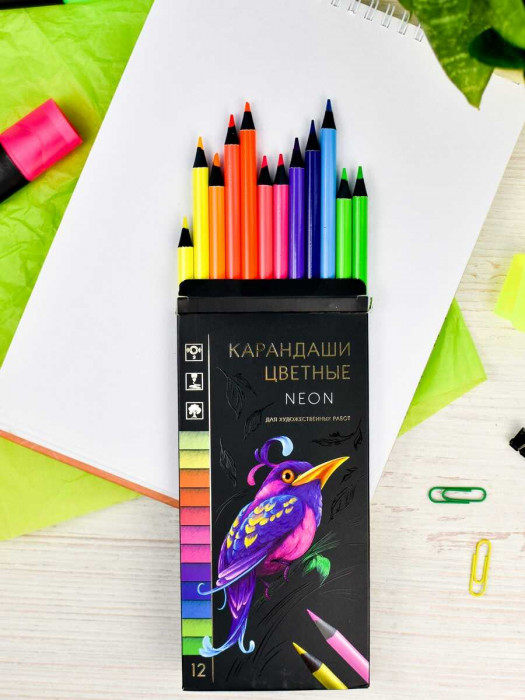Набор цветных карандашей деревянных арт. 64100 / 24 НЕОН (12 цв., размер: 8,6*17,8*0,85 см, форма ко