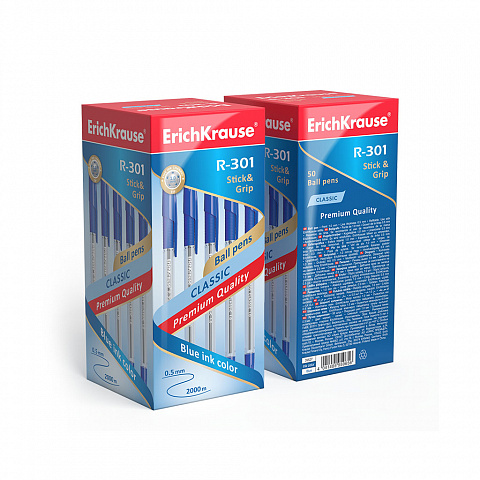 Ручка шариковая ErichKrause R-301 Stick&Grip Classic 1.0, цвет чернил синий (в коробке по 50 шт.)