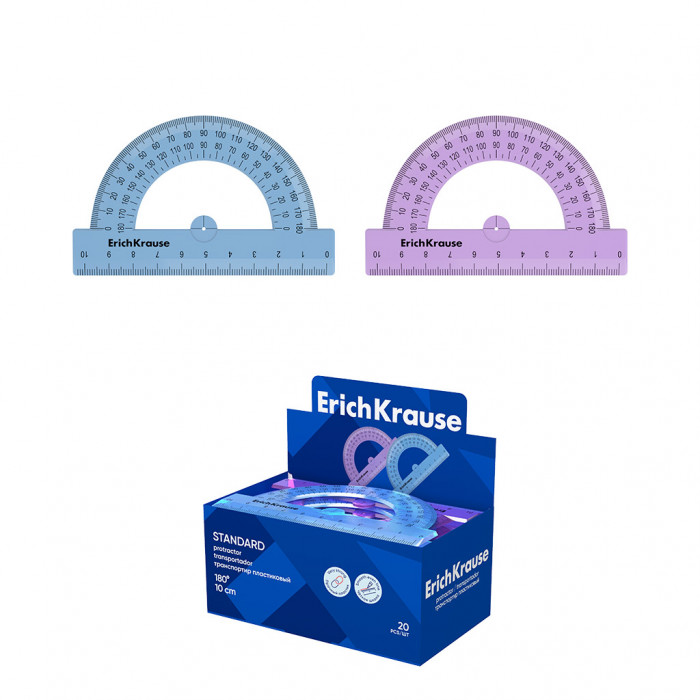 Транспортир пластиковый ErichKrause® Standard, 180°/10см, ассорти из 2 цветов, в коробке-дисплее
