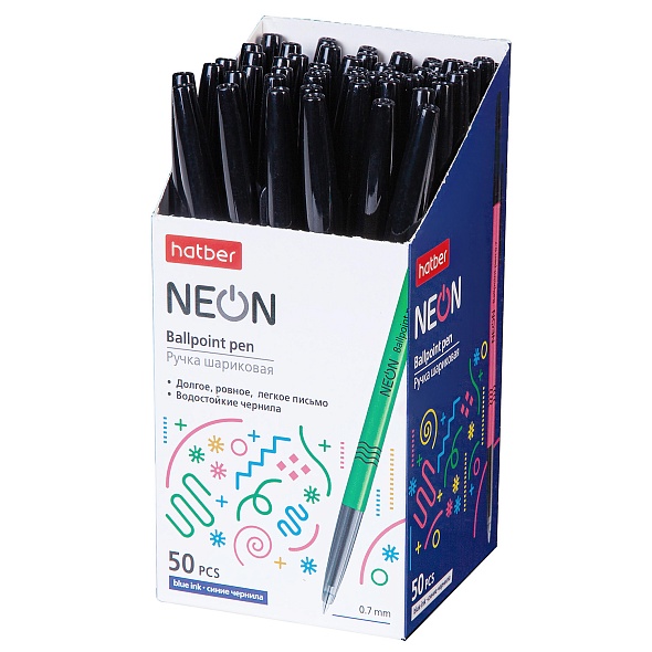 7CB_50072 РУЧКА Hatber шариковая NEON Синяя 0,7мм с колпачком и клипом-Ассорти- чернила на масл.осно
