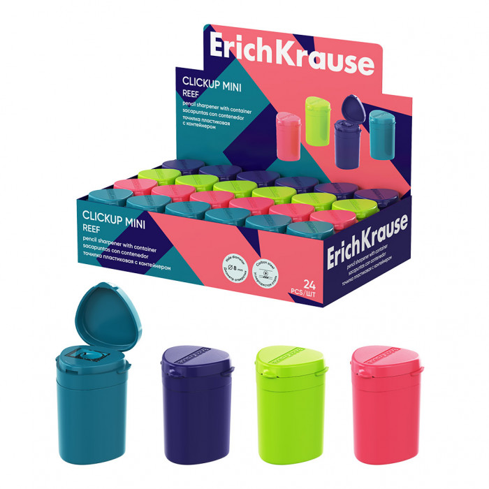 Точилка пластиковая ErichKrause ClickUp Mini, Reef, с контейнером, ассорти (в коробке-дисплее по 24 