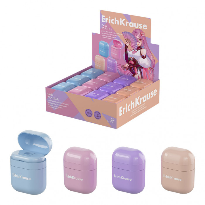 Точилка пластиковая ErichKrause Case, Manga, с контейнером, ассорти (в коробке-дисплее по 24 шт)
