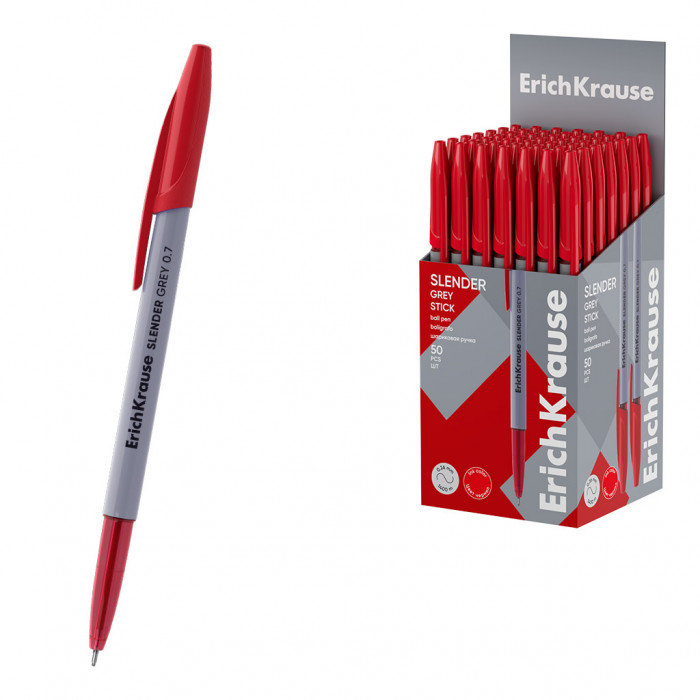 Ручка шариковая ErichKrause Slender Stick Grey 0.7, Super Glide Technology, цвет чернил красный (в к