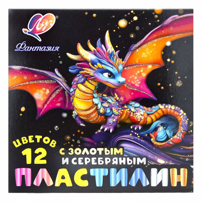 Пластилин 12цв Луч Фантазия восковой 230г + золотой + серебряный, стек