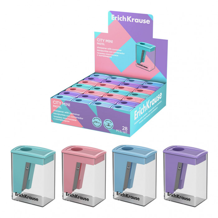 Точилка пластиковая ErichKrause City Mini, Pastel, с контейнером, ассорти (в коробке-дисплее по 28 ш