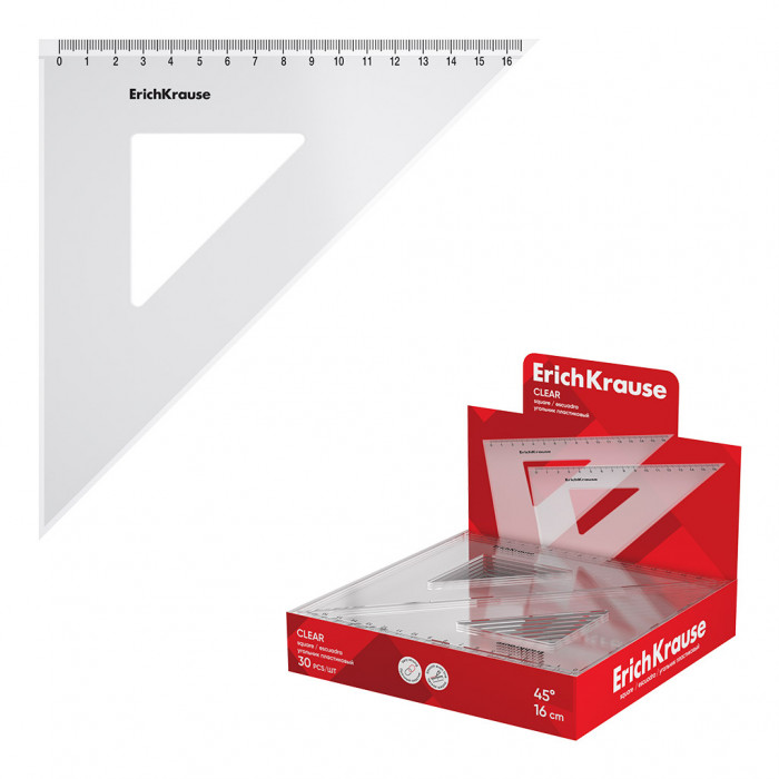 Угольник пластиковый ErichKrause® Clear, 45°/16см, прозрачный, в коробке-дисплее