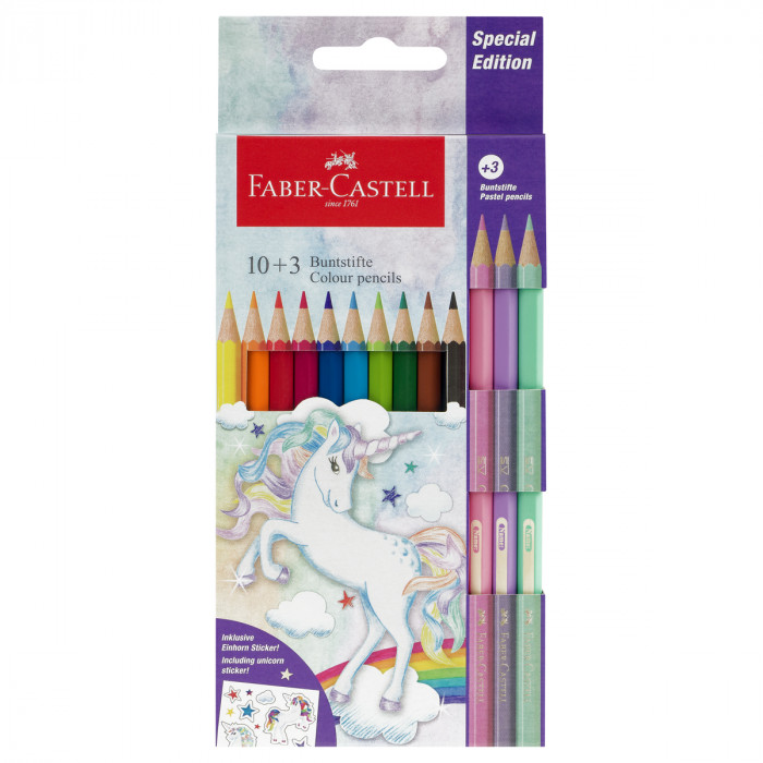 Карандаши цветные Faber-Castell "Unicorn", 10цв., шестигр., заточ.+3 паст. цв., картон, европодвес 1