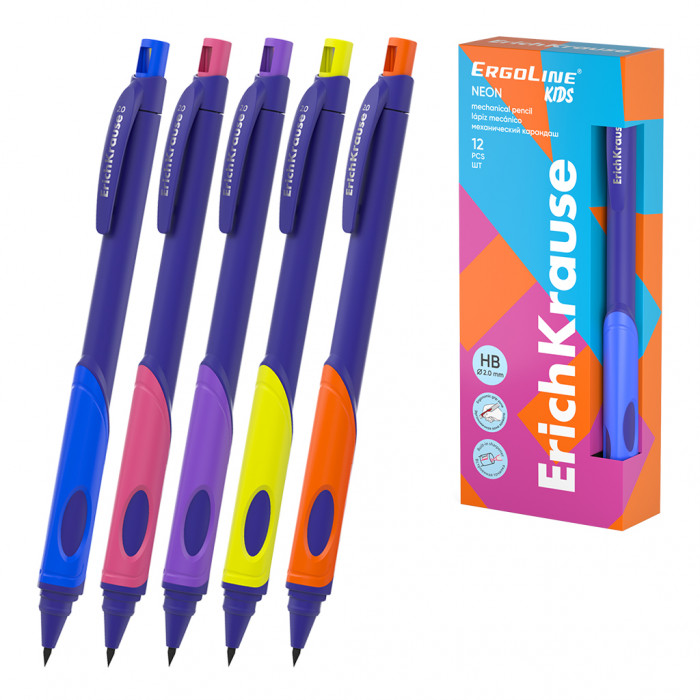 Карандаш механический ErichKrause ErgoLine® Kids Neon 2.0 мм, с точилкой, НВ (в коробке по 12 шт.)