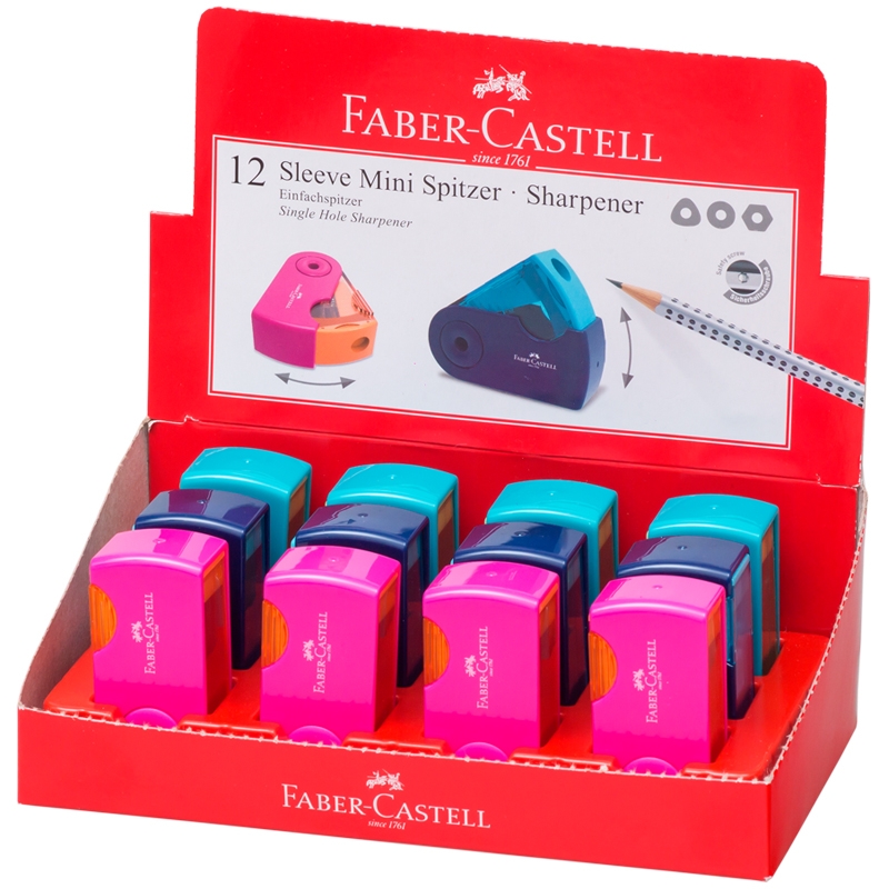 Точилка пластиковая Faber-Castell "Sleeve Mini", 1 отверстие, контейнер, розов./оранж., бирюзов. 182