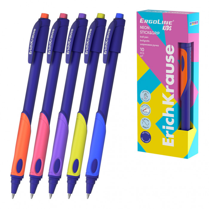 Ручка шариковая ErichKrause ErgoLine® Kids для левшей Stick&Grip Neon 0.5, Super Glide Technology, ц