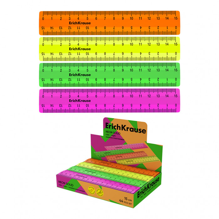 Линейка пластиковая  ErichKrause® Neon Solid, 15 см, ассорти из 4 цветов, в коробке-дисплее