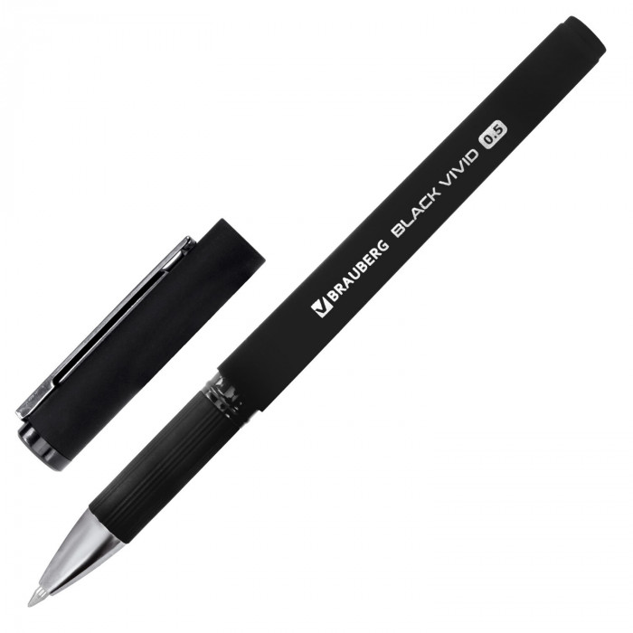 Ручка гелевая с грипом BRAUBERG "BLACK VIVID", ЧЕРНАЯ, корпус SOFT-TOUCH, пишущий узел 0,5 мм, линия