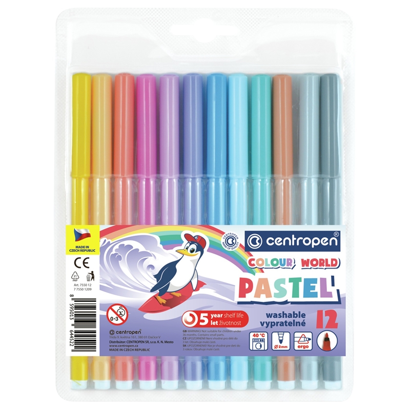 Фломастеры Centropen "Colour World. Pastel", 12цв., трехгранные, 2 мм., смываемые, блистер 7 7550 12