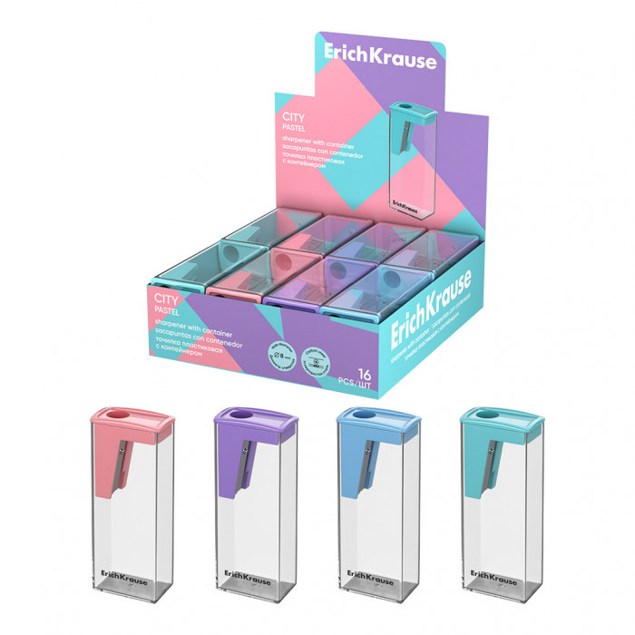 Точилка пластиковая ErichKrause City, Pastel, с контейнером, ассорти (в коробке-дисплее по 16 шт)