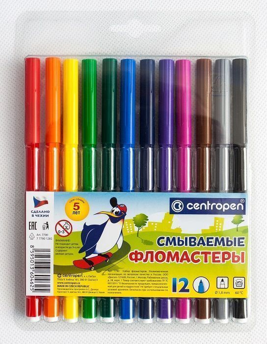 Фломастеры Centropen "Washable", 12цв., смываемые, блистер 7 7790 1285