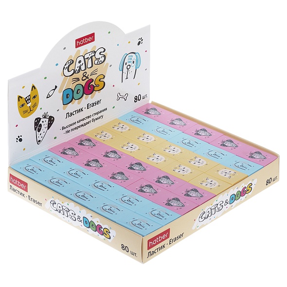 ER_090956 Ластик из термопластичной резины Hatber Cats&Dogs 28х18х9 мм 80 шт в картонной Дисплей-вит