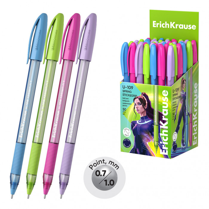 Ручка шариковая ErichKrause U-109 Stick&Grip Spring 1.0, Ultra Glide Technology, цвет чернил синий (