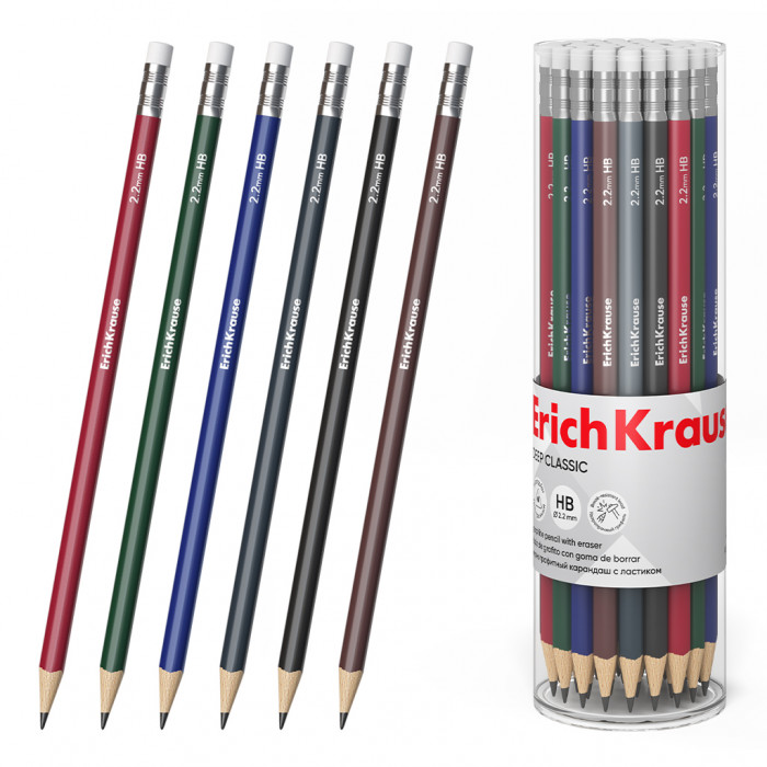 Чернографитный карандаш ErichKrause Deep Classic triangular, трехгранный, с ластиком, HB (в тубусе п