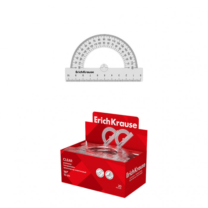 Транспортир пластиковый ErichKrause Clear, 180°/10см, прозрачный (в коробке-дисплее по 20 шт)