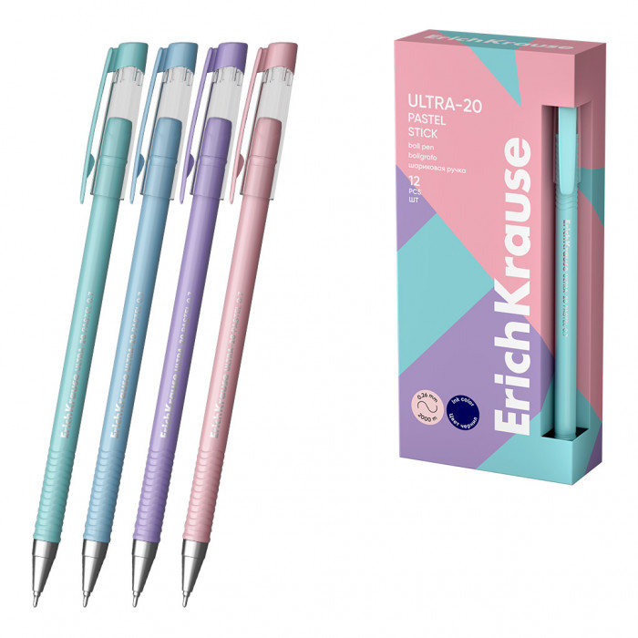 Ручка шариковая ErichKrause ULTRA-20 Stick Pastel 0.7, Super Glide Technology, цвет чернил синий (в 
