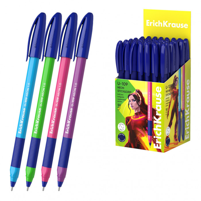 Ручка шариковая ErichKrause U-109 Stick&Grip Neon 1.0, Ultra Glide Technology, цвет чернил синий (в 