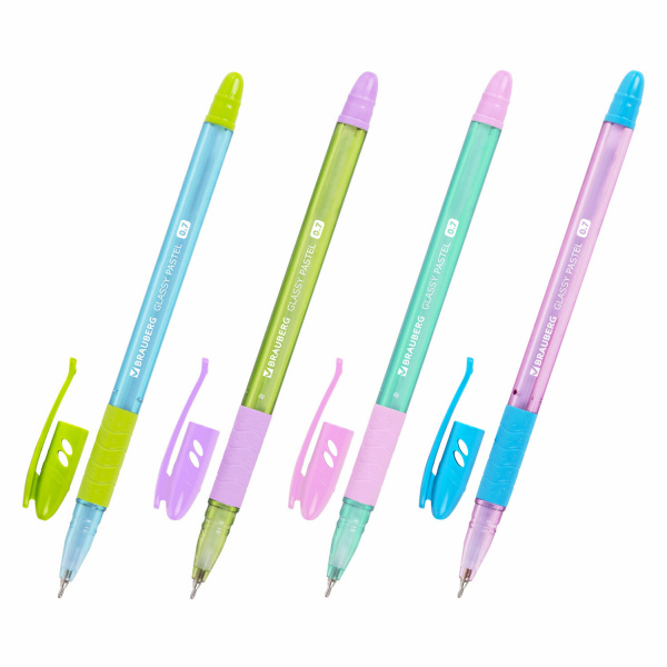 Ручка шариковая масляная с грипом BRAUBERG GLASSY PASTEL MIX, СИНЯЯ, корпус ассорти, линия 0,35 мм,1