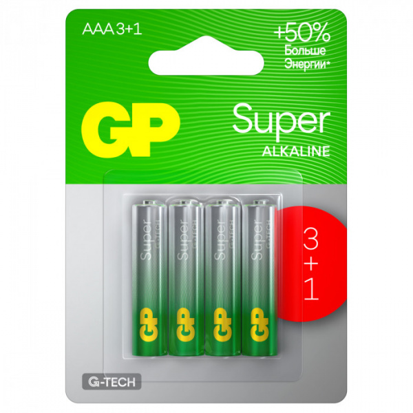 Батарейка GP Super G-Tech AAA (LR03) 24A алкалиновая, BC4 (промо 3+1) GP 24AA213/1-2CRSBC4