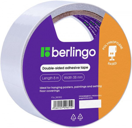 Клейкая лента двусторонняя Berlingo, 38мм*8м, основа-полипропилен FSn_380812