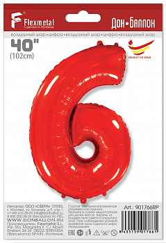 Шар (40''/102 см) Цифра, 6, Красный, 1 шт. в уп. Flexmetal, ИСПАНИЯ