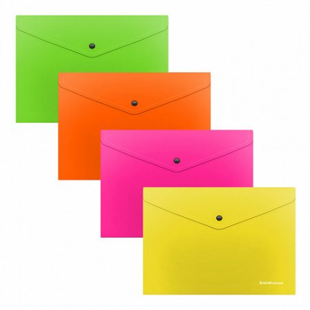Папка-конверт на кнопке пластиковая  ErichKrause® Glossy Neon, полупрозрачная, Travel, ассорти (в па