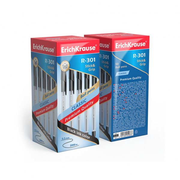 Ручка шариковая ErichKrause® R-301 Classic Stick&Grip 1.0, цвет чернил черный (коробка 50 шт.)