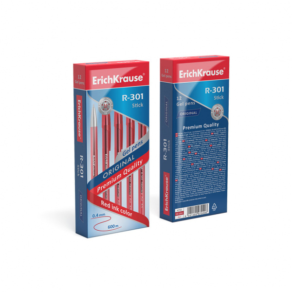 Ручка гелевая ErichKrause R-301 Gel Stick Original  0.5, цвет чернил красный (в коробке по 12 штук)