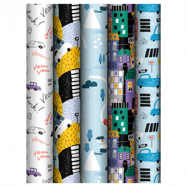 Упаковочная бумага глянц. 70*100см, MESHU "Cars", 80 г/м2, ассорти, 5 дизайнов MS_62806