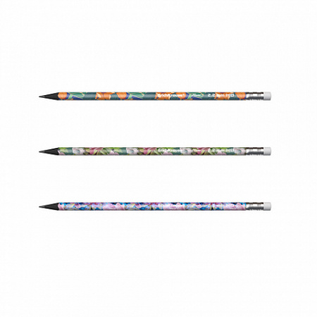 Пластиковый чернографитный трехгранный карандаш с ластиком ErichKrause® Flower HB (в тубусе по 42 шт