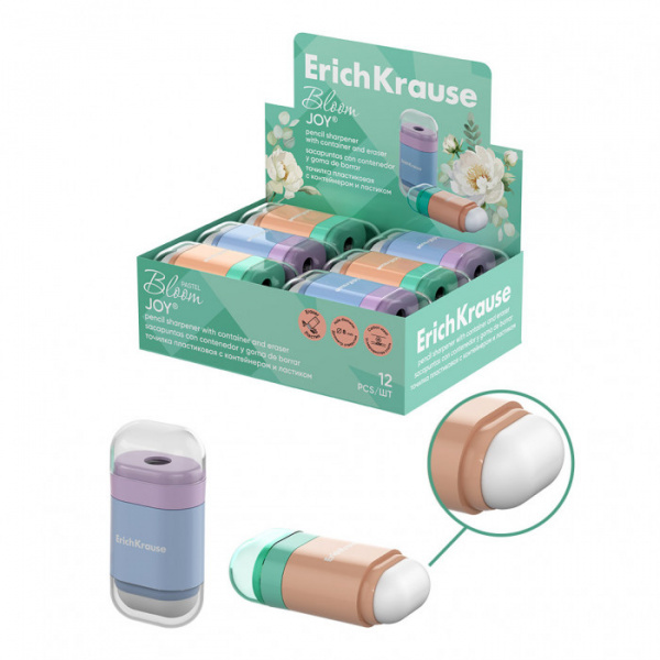 Точилка пластиковая ErichKrause JOY®, Pastel Bloom, с контейнером и ластиком, ассорти (в коробке-дис