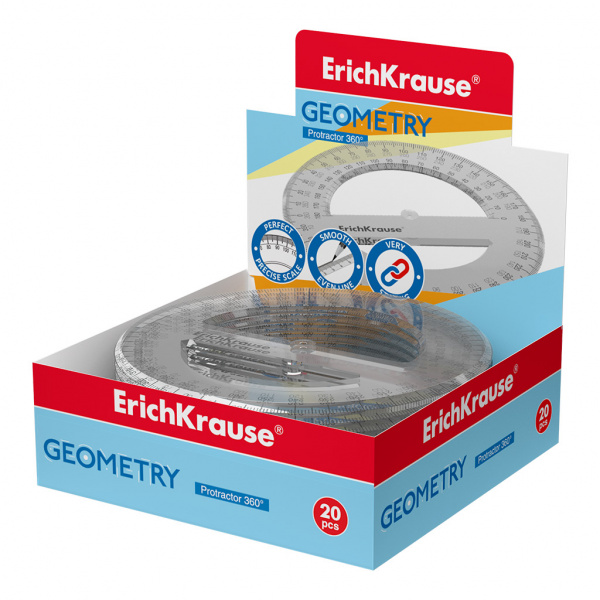 Транспортир пластиковый ErichKrause® Clear, 360°/12см, прозрачный, в коробке-дисплее