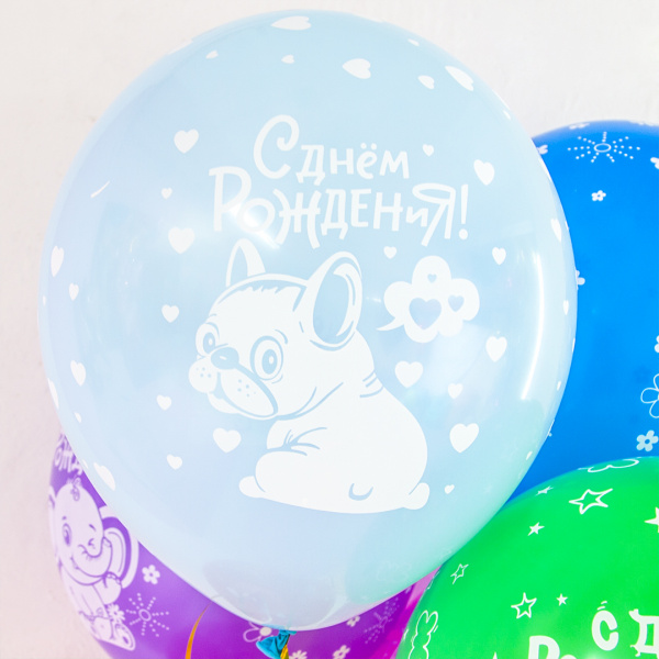 Шар (12''/30 см) С Днем Рождения! (зверята), Ассорти, пастель 6 шт