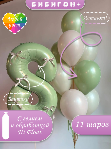 Воздушные шары и цифра с гелием фисташка